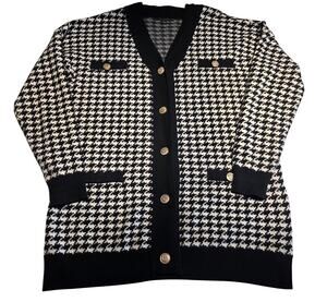 XL Houndstooth Cardigan Jacket Long Gold Button Chic Rayon Old Money Cyprus